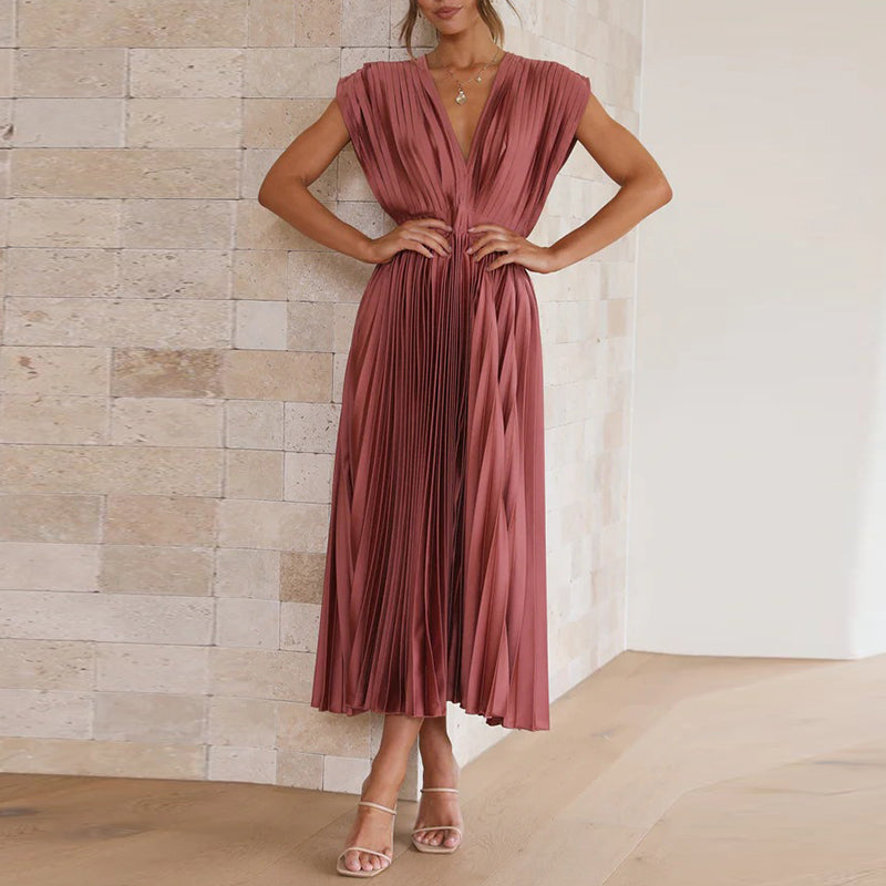 Robe midi femme – Tissu luxueux plissé – Sans manches – Décolleté en V – Dos nu