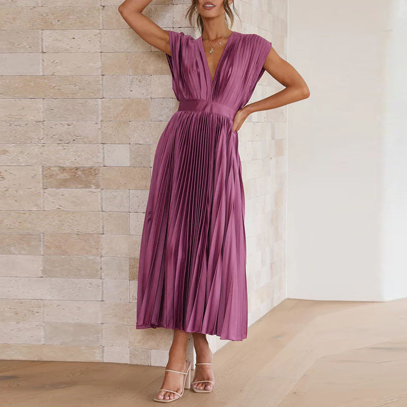 Robe midi femme – Tissu luxueux plissé – Sans manches – Décolleté en V – Dos nu