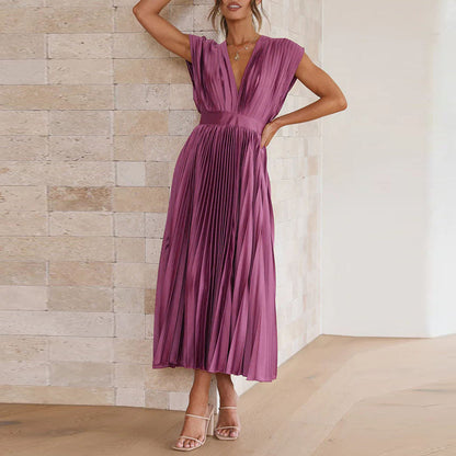 Robe midi femme – Tissu luxueux plissé – Sans manches – Décolleté en V – Dos nu