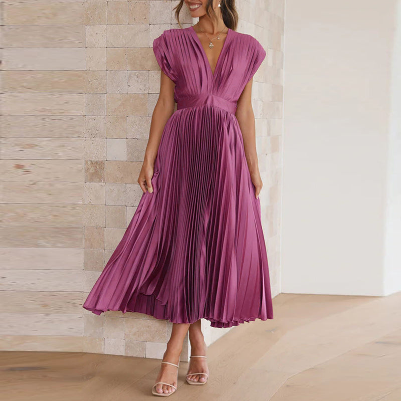 Robe midi femme – Tissu luxueux plissé – Sans manches – Décolleté en V – Dos nu