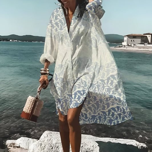 Robe femme coupe évasée – Tissu respirant – Col chemise – Boutonnée – Mi-longue
