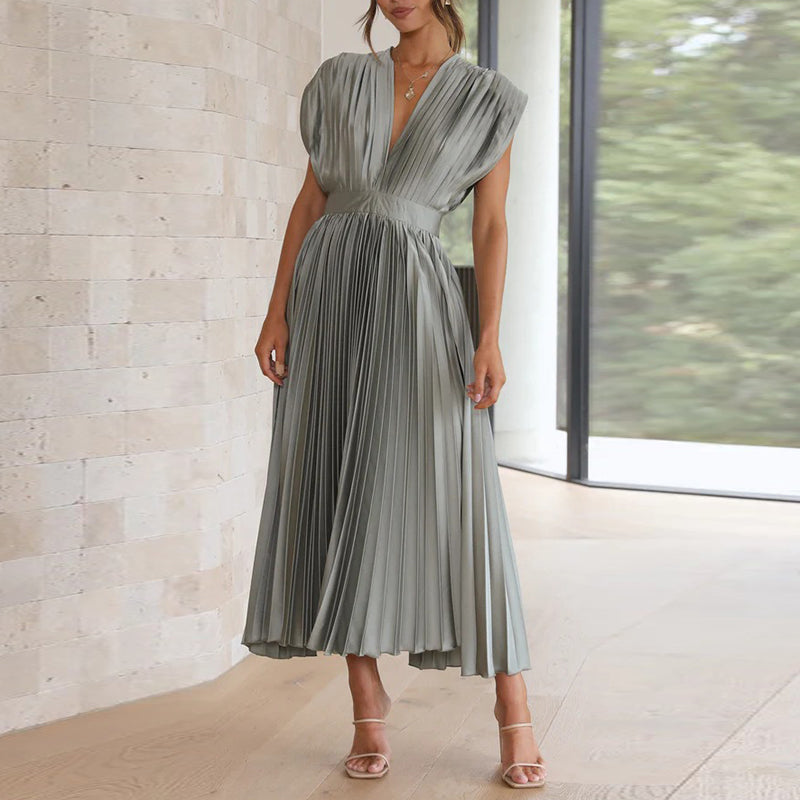 Robe midi femme – Tissu luxueux plissé – Sans manches – Décolleté en V – Dos nu