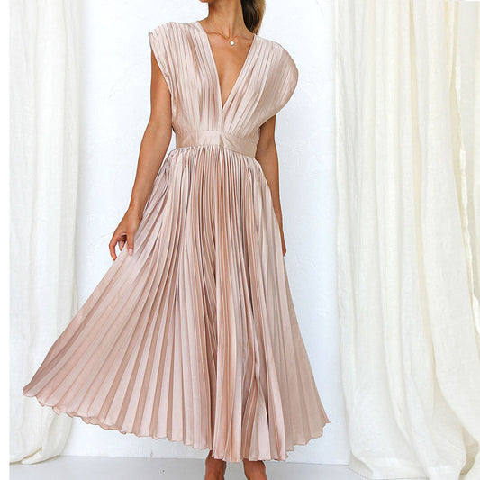 Robe midi femme – Tissu luxueux plissé – Sans manches – Décolleté en V – Dos nu
