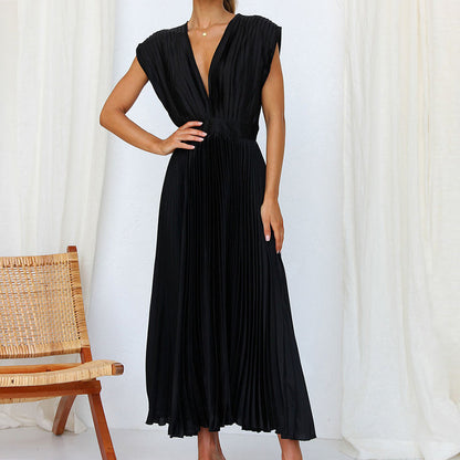 Robe midi femme – Tissu luxueux plissé – Sans manches – Décolleté en V – Dos nu
