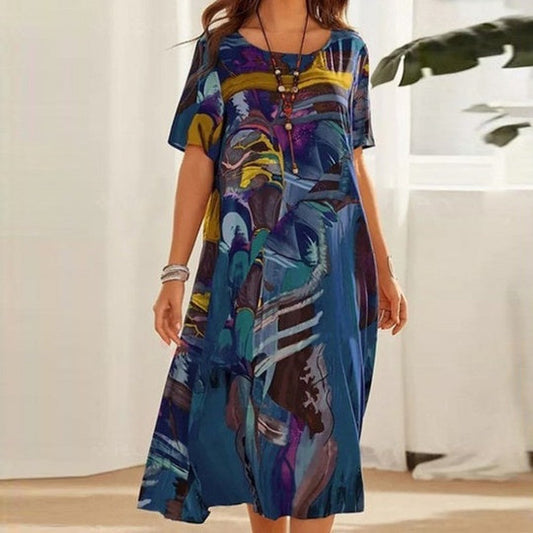 Robe midi femme – Coupe fluide – Manches courtes – Imprimé abstrait – Fibres naturelles