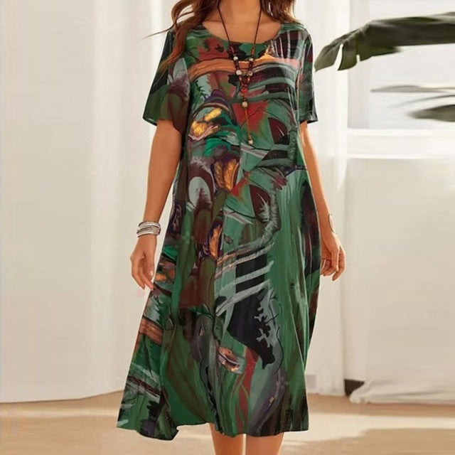 Robe midi femme – Coupe fluide – Manches courtes – Imprimé abstrait – Fibres naturelles