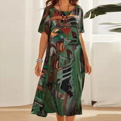 Robe midi femme – Coupe fluide – Manches courtes – Imprimé abstrait – Fibres naturelles
