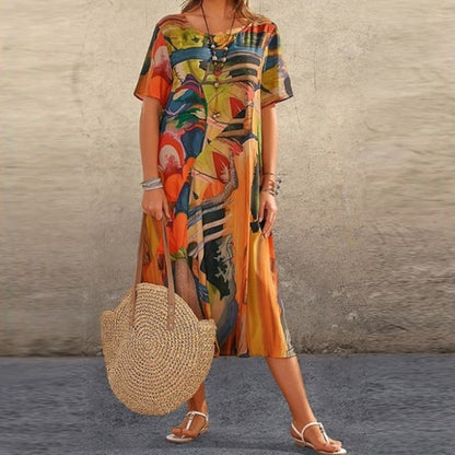 Robe midi femme – Coupe fluide – Manches courtes – Imprimé abstrait – Fibres naturelles