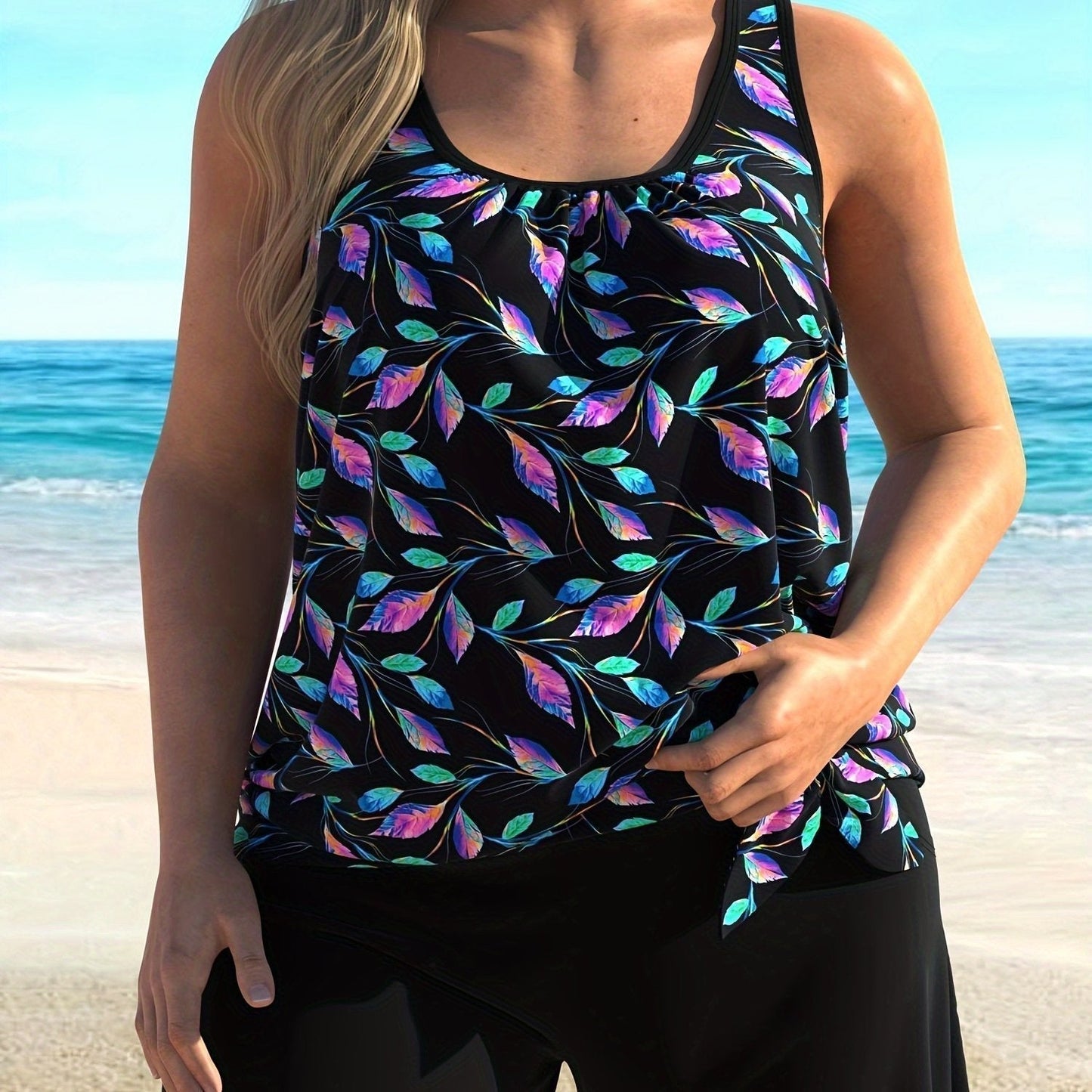 Tankini femme – Coupe décontractée – Col rond – Imprimé feuillage