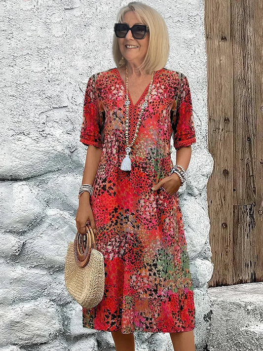 Robe Midi Femme – Col V – Coupe Ample – Manches Mi-longues