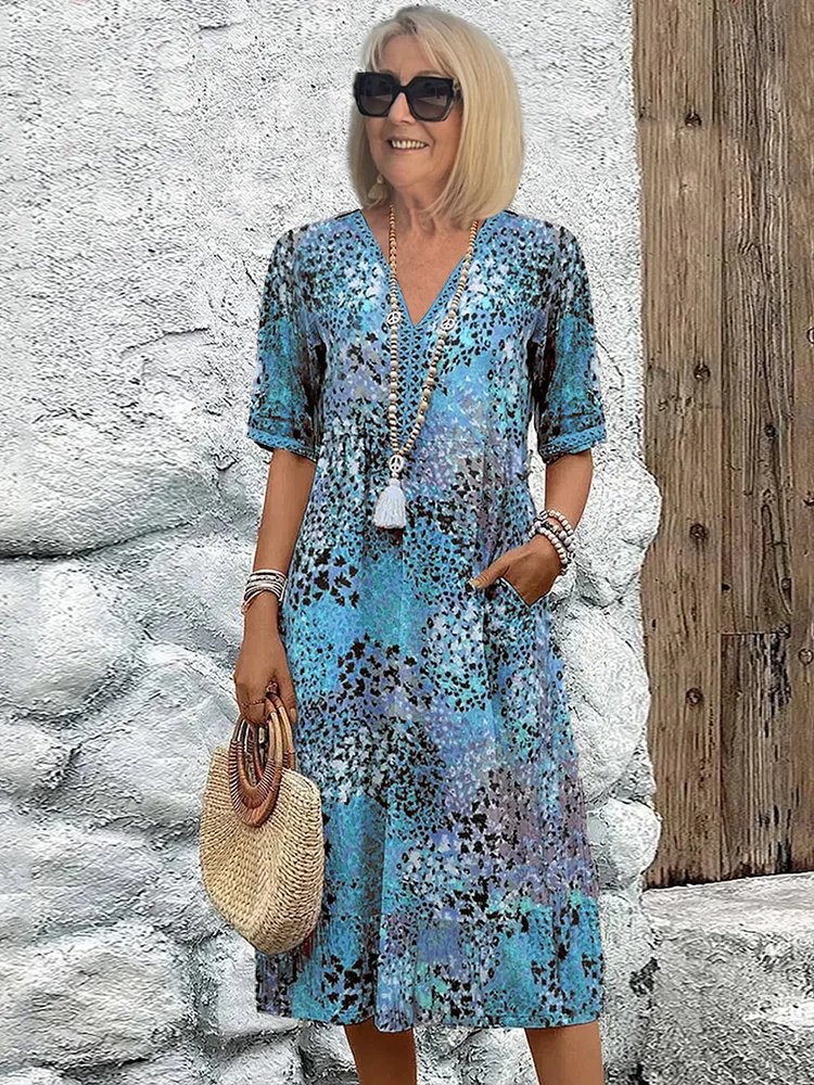 Robe Midi Femme – Col V – Coupe Ample – Manches Mi-longues