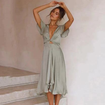 Robe midi femme – Silhouette évasée – Tissu luxueux – Manches volantées – Ourlet asymétrique