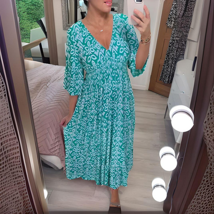 Robe longue femme – Tissu respirant – Coupe fluide – Imprimé bohème – Col V – Manches 3/4