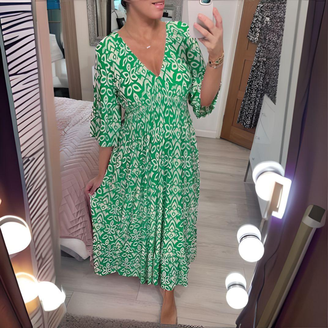 Robe longue femme – Tissu respirant – Coupe fluide – Imprimé bohème – Col V – Manches 3/4