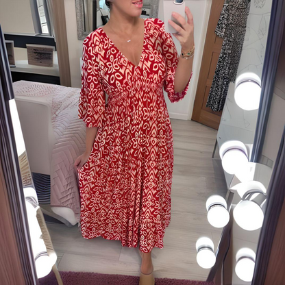 Robe longue femme – Tissu respirant – Coupe fluide – Imprimé bohème – Col V – Manches 3/4