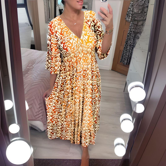 Robe longue femme – Tissu respirant – Coupe fluide – Imprimé bohème – Col V – Manches 3/4
