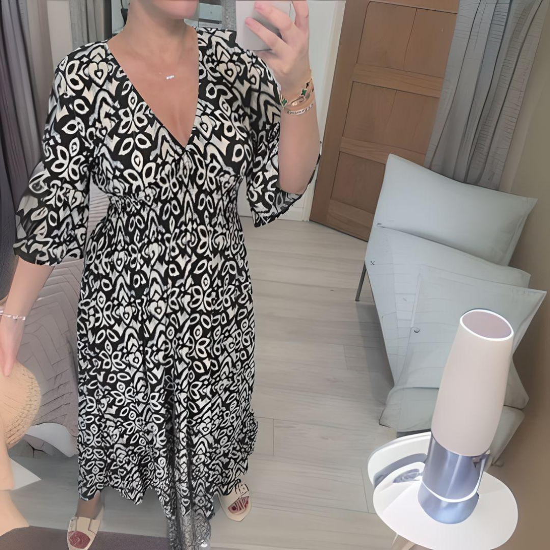 Robe longue femme – Tissu respirant – Coupe fluide – Imprimé bohème – Col V – Manches 3/4