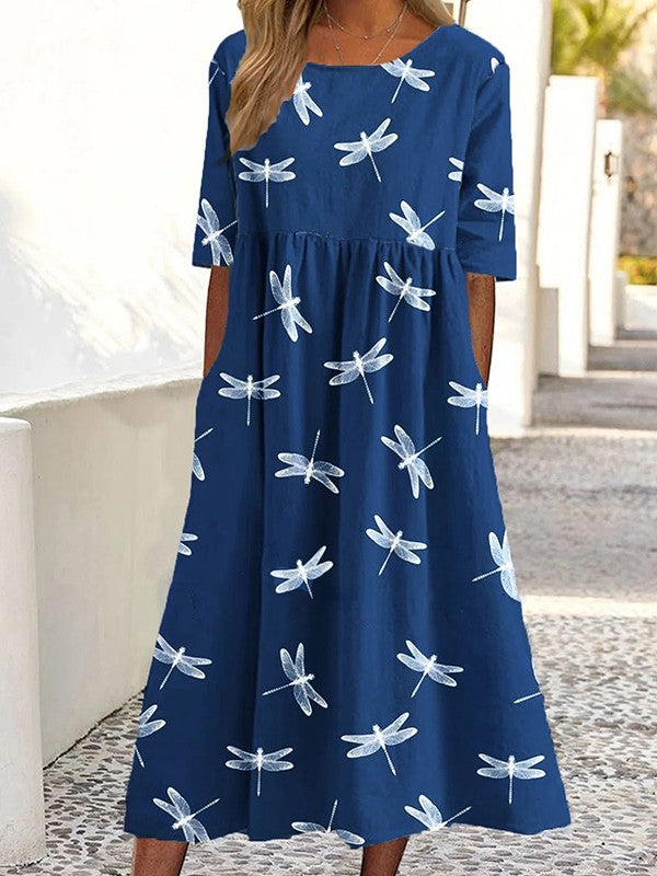 Robe décontractée femme – Coupe évasée – Imprimé libellules – Manches courtes – Tissu respirant