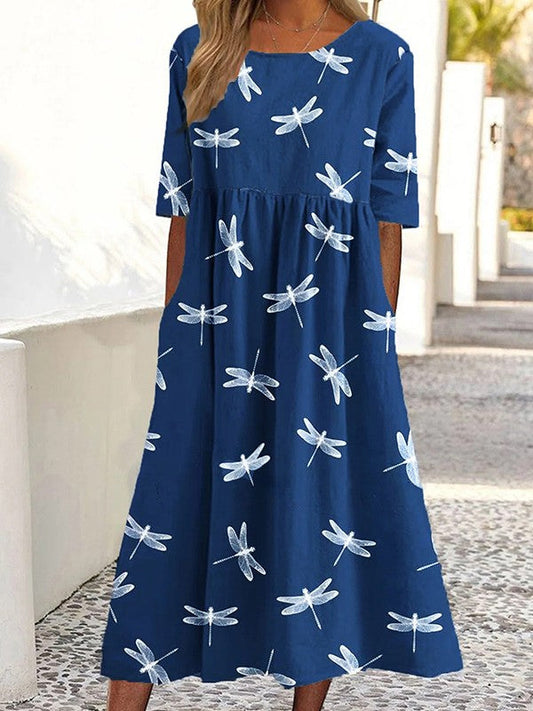 Robe décontractée femme – Coupe évasée – Imprimé libellules – Manches courtes – Tissu respirant