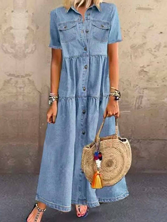 Robe chemise longue femme – Coupe ample – Manches courtes – Boutonnage – Poches utilitaires