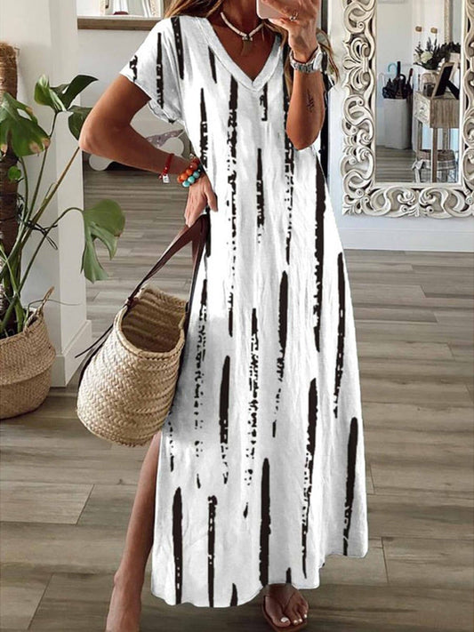 Robe longue femme – Coupe fluide – Décolleté en V – Manches courtes – Rayée – Tissu respirant