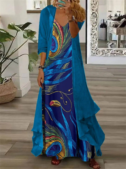 Robe longue femme – Coupe fluide – Col en V – Manches longues – Motifs imprimés – Ensemble 2 pièces