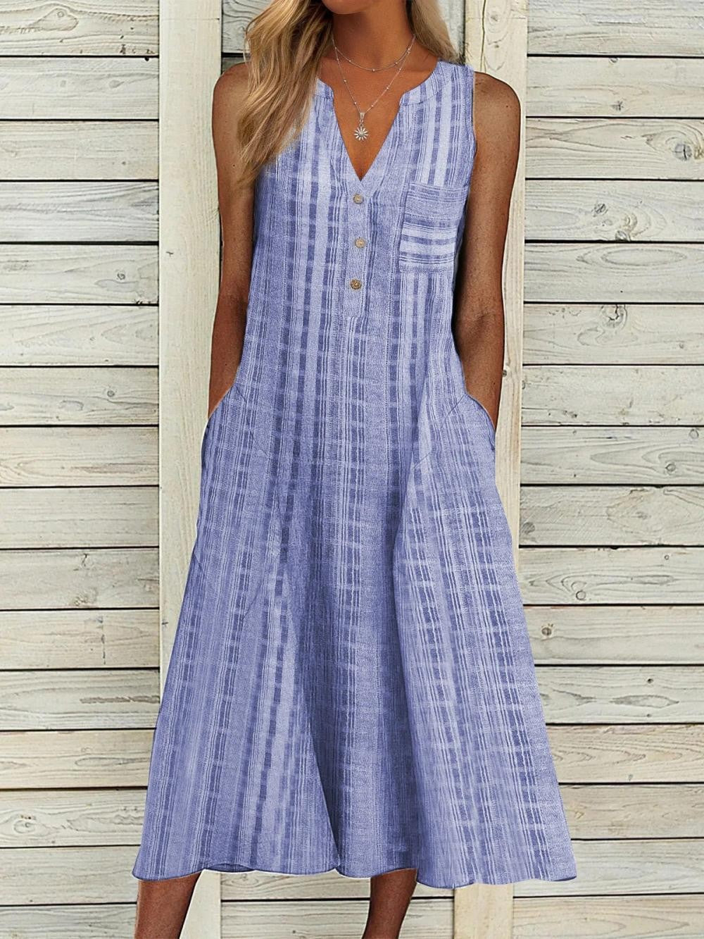 Robe femme sans manches – Coupe évasée – Tissu respirant – Boutonnée – Poches côtés
