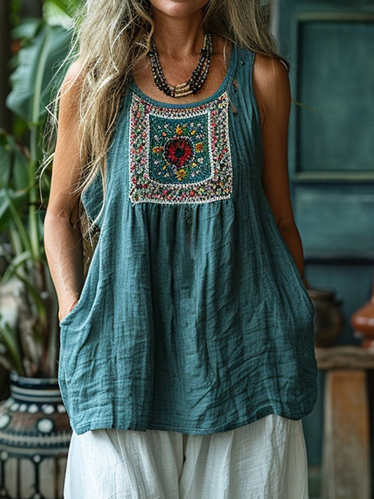 Débardeur Femme – Coupe Décontractée – Fibres Naturelles – Broderie Frontale – Longueur Tunique – Sans Manches