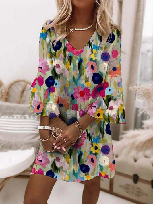 Robe courte femme – Coupe évasée – Imprimé floral – Tissu respirant – Manches 3/4