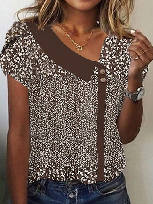 Haut femme à manches courtes – Coupe ample – Imprimé fleuri – Tissu respirant – Col rond
