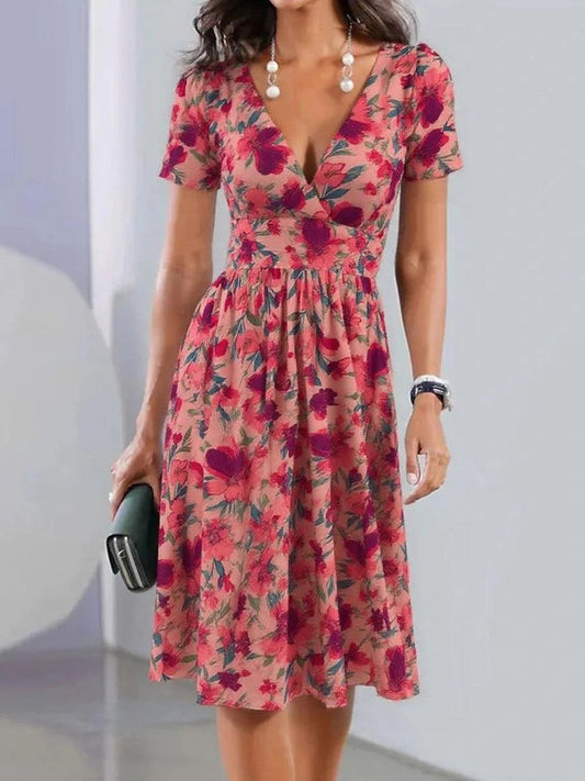 Robe midi femme – Tissu respirant – Manches courtes – Taille cintrée – Imprimé fleuri