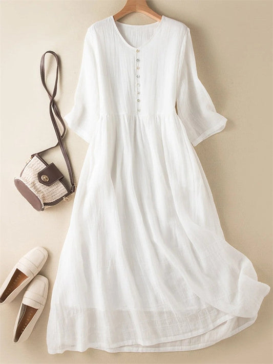 Robe midi femme – Tissu respirant – Coupe décontractée – Manches mi-longues – Boutonnée