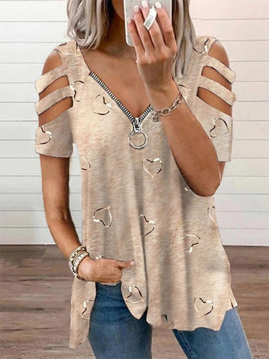 Blouse Femme – Coupe Ample – Décolleté Zippé – Épaules Dénudées – Motif Cœur