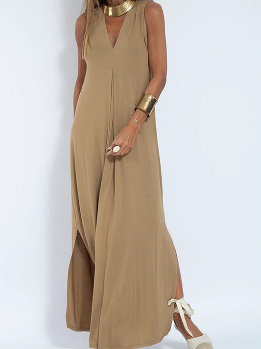 Robe femme sans manches – col V profond – coupe fluide – longueur cheville – tissu respirant