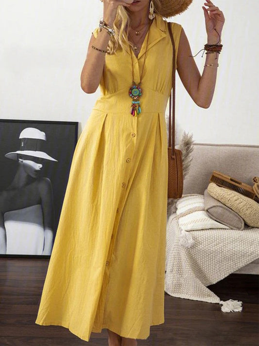 Robe femme sans manches – Fibres naturelles – Coupe évasée – Boutonnée – Mi-longue