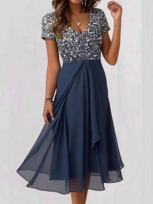 Robe midi femme – Décolleté en V – Manches courtes – Buste orné – Jupe fluide
