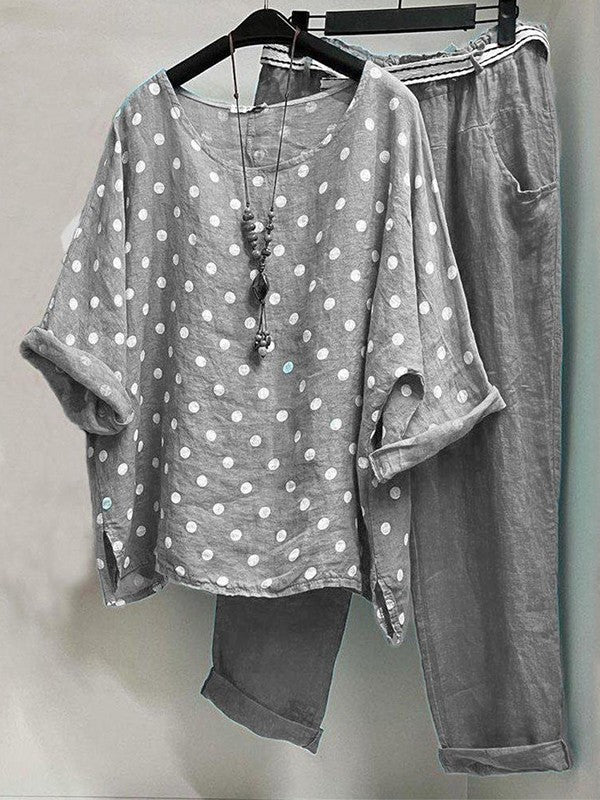 Ensemble Femme Deux Pièces – Coupe Décontractée – Tissu Respirant – Imprimé Pois