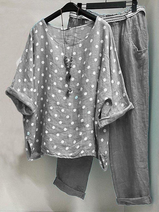 Ensemble Femme Deux Pièces – Coupe Décontractée – Tissu Respirant – Imprimé Pois