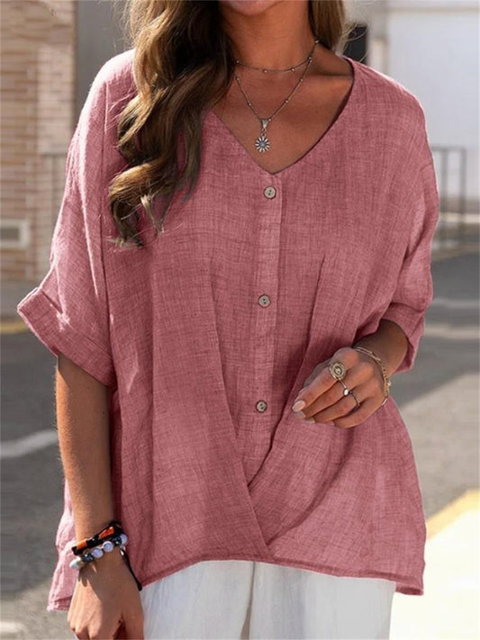 Blouse femme – Coupe oversize – Col V – Manches mi-longues – Tissu respirant
