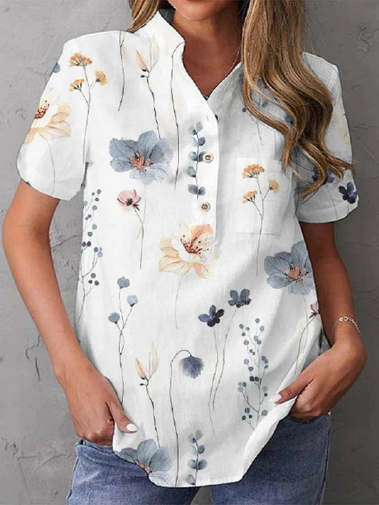 Blouse femme – Coupe décontractée – Motif fleuri – Col V – Manches courtes – Tissu respirant