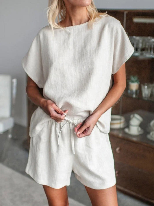 Ensemble Femme Deux Pièces – Coupe Décontractée – Fibres Naturelles – Haut Manches Courtes & Short Taille Élastique