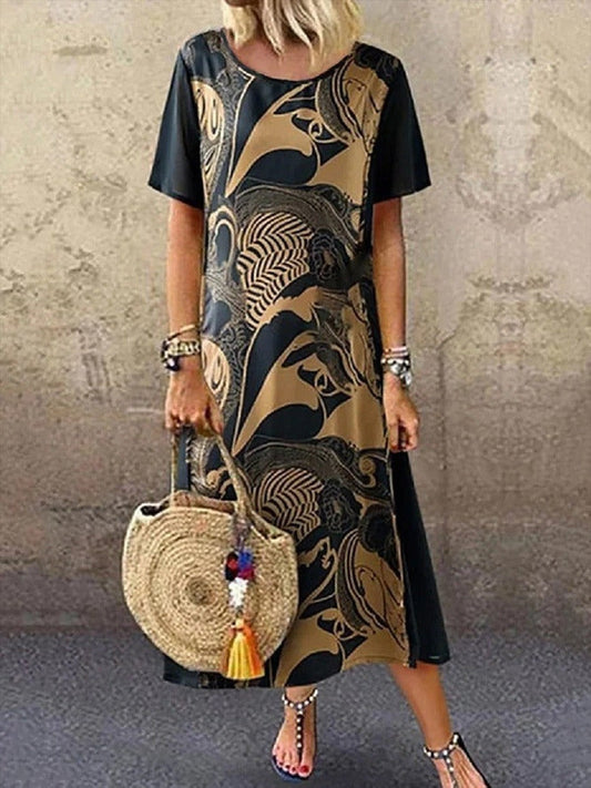 Robe midi femme – Coupe décontractée – Imprimé artistique – Col rond – Manches courtes