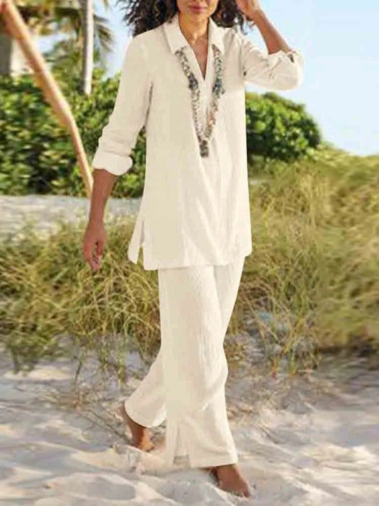 Ensemble Femme Deux Pièces – Coupe Décontractée – Haut Col V Manches Longues – Pantalon Long – Tissu Respirant