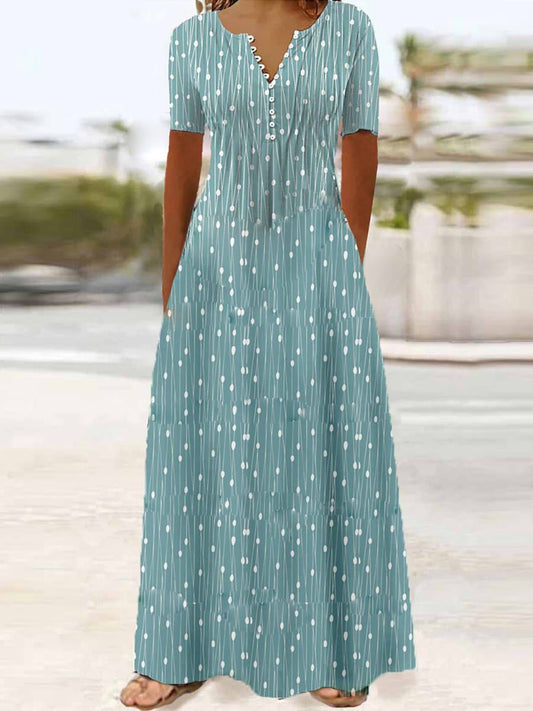 Robe longue femme – Coupe évasée – Tissu respirant – Manches courtes – Poches – Col V