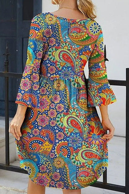 Robe femme courte – Coupe évasée – Imprimé cachemire – Tissu respirant – Manches 3/4