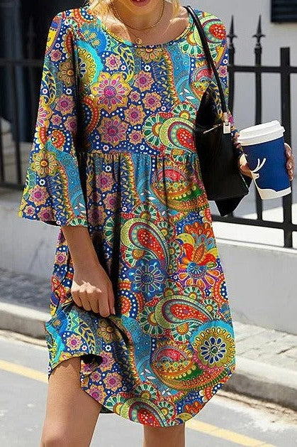 Robe femme courte – Coupe évasée – Imprimé cachemire – Tissu respirant – Manches 3/4