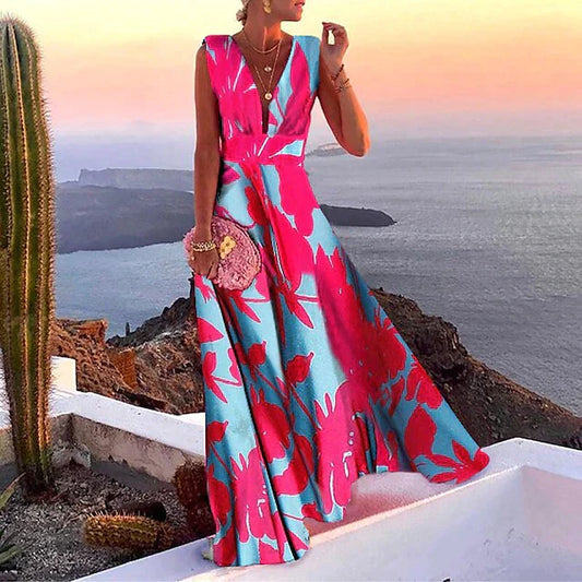 Robe longue femme – Coupe fluide – Sans manches – Décolleté plongeant – Motif floral