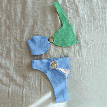 Bikini femme – Ensemble 2 pièces – Haut col rond – Bas taille haute côtelé