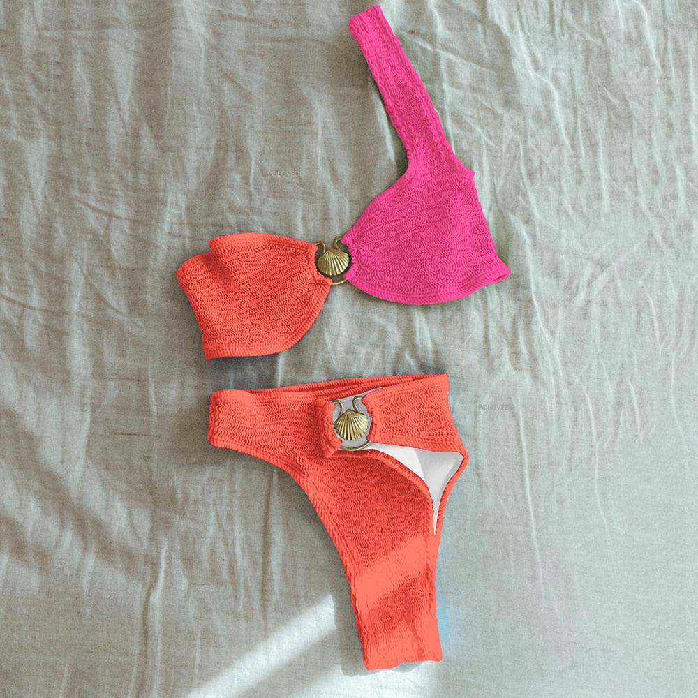 Bikini femme – Ensemble 2 pièces – Haut col rond – Bas taille haute côtelé