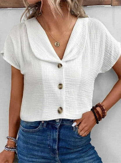 Blouse femme – Coupe ample – Tissu froissé – Col large – Boutonnage contrasté